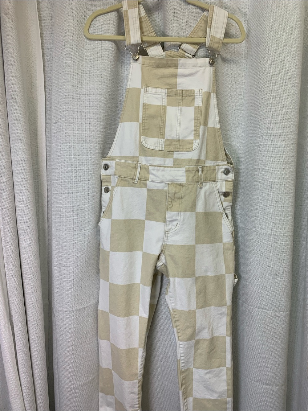 Forever 27 Unisex Beige & White Checkerboard Cotton Bib Overalls